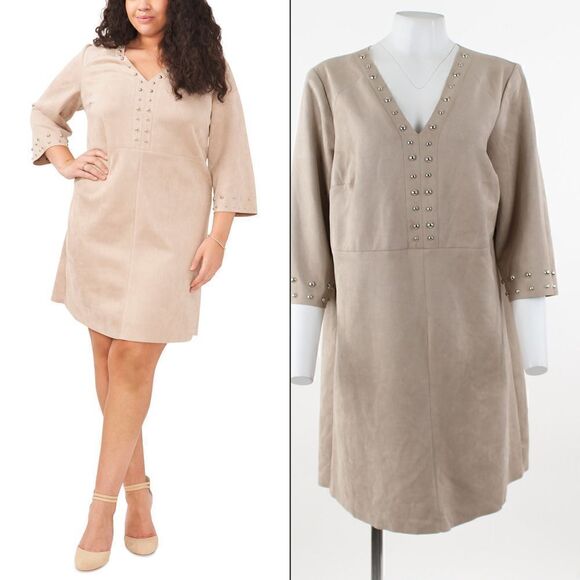 Vince Camuto Plus Size Faux-Suede Studded Dress in Latte - Picture 1 of 5